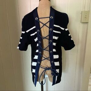 SACAI sz 4 L Navy Blue White Short Sleeve Sweater